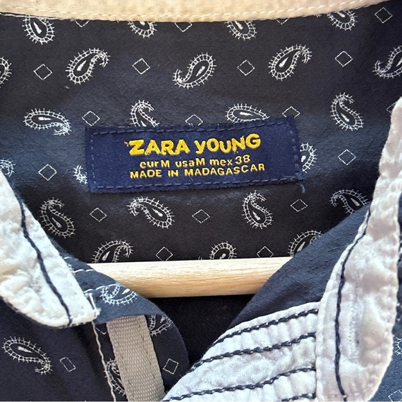 Zara Blue Printed Button Up Long Sleeve Slim Fit Dress Shirt Size M - Picture 3 of 4